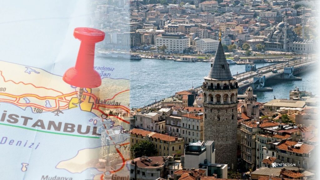 Map of istanbul and a pin on it right next to a photo of istanbul, representing organization to trip to Turkey for dental tourism.