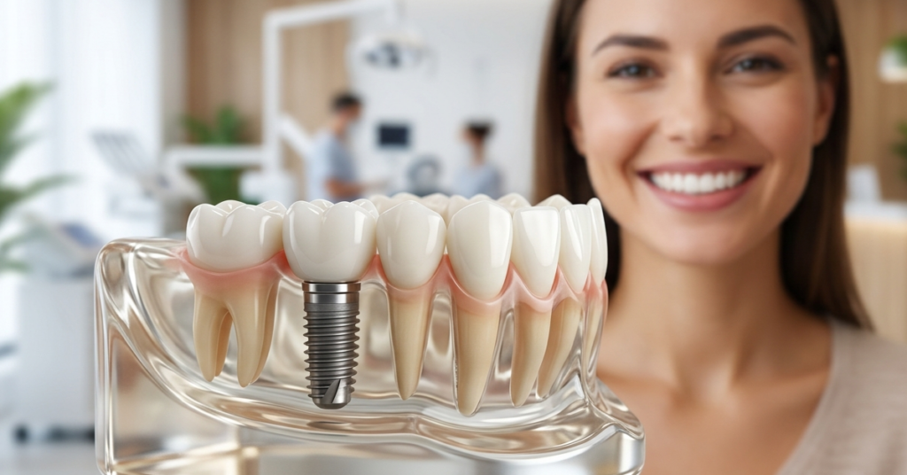 implant örneği ve gülümseyen mutlu bir hasta